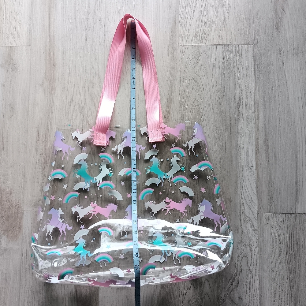 Unicorn Clear Plastic Tote Bag Pink Shoulder Straps Aqua White Purple Rainbows - Picture 3 of 10